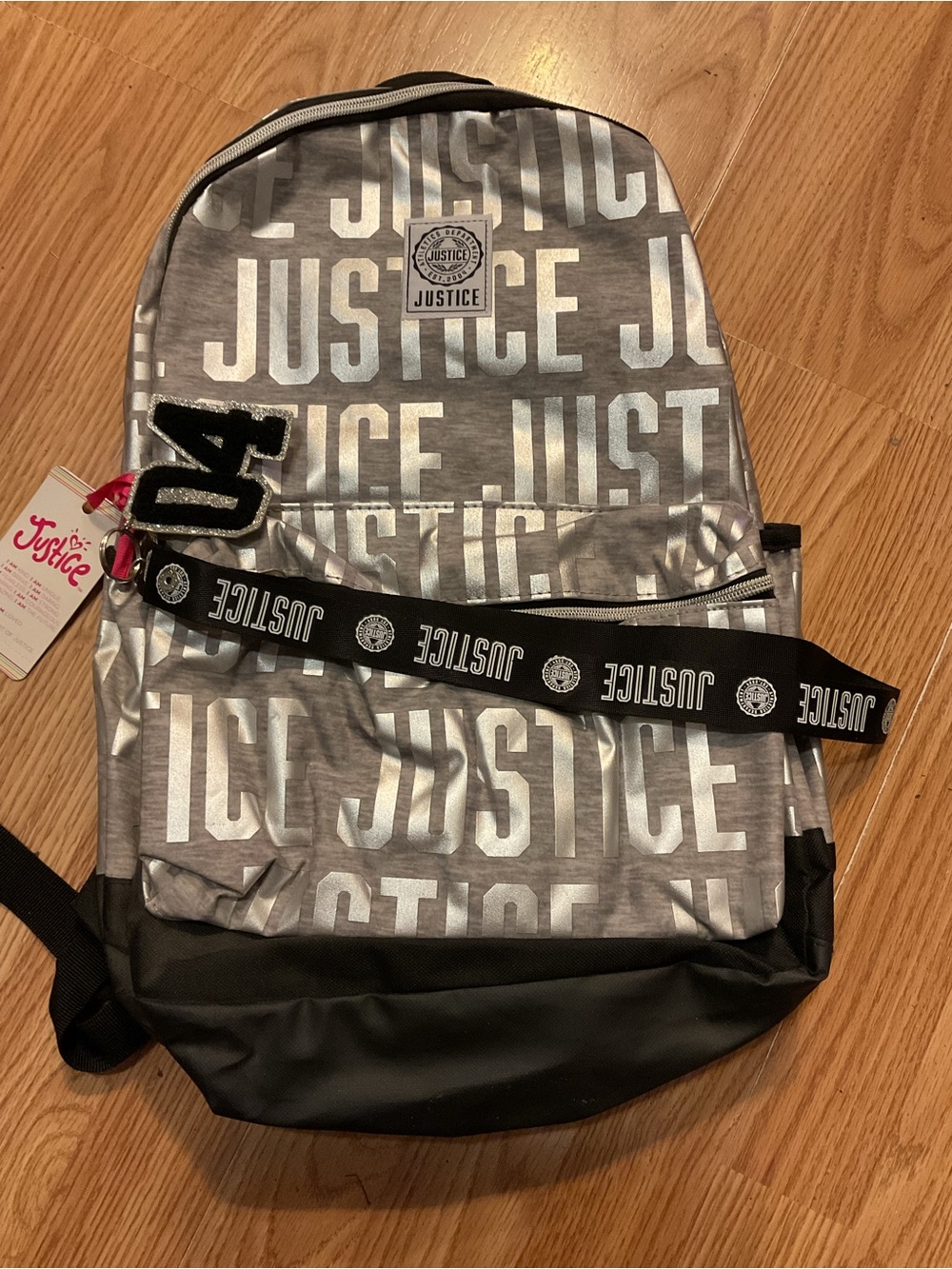 NWT:Justice Metallic Silver and Black Logo Backpack 17” KEYCHAIR&LANYARD